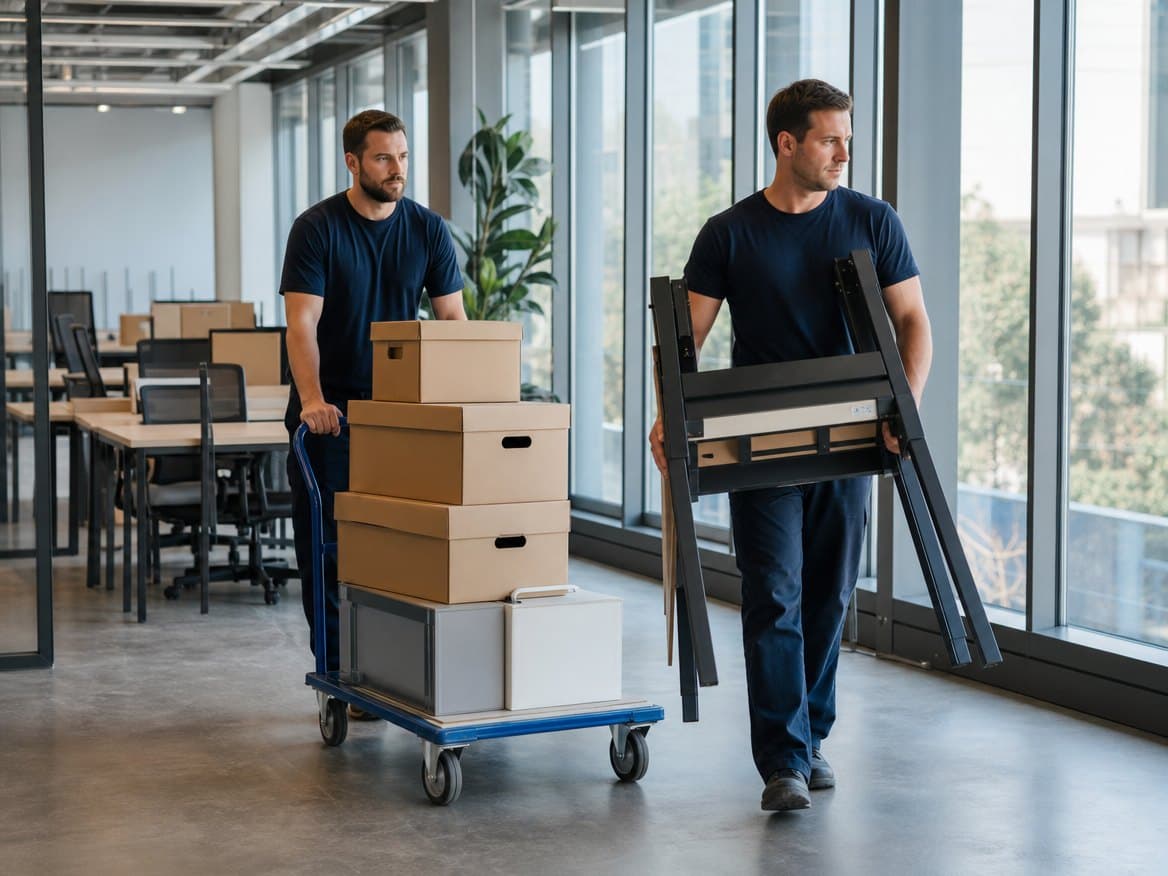 Two movers wheeling archive boxes and a disassembled desk through an open-plan office