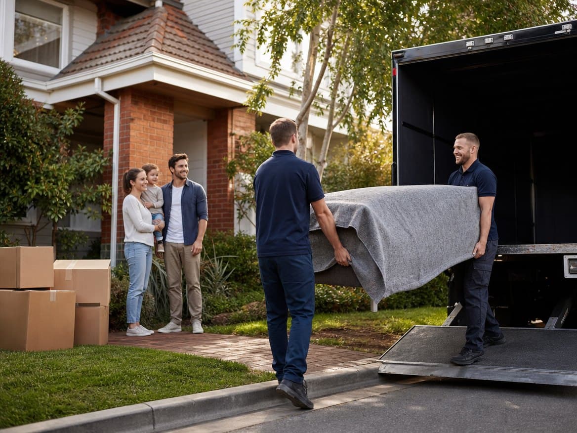 Movers carrying a blanket-wrapped sofa to an enclosed truck while a family watches from the front path