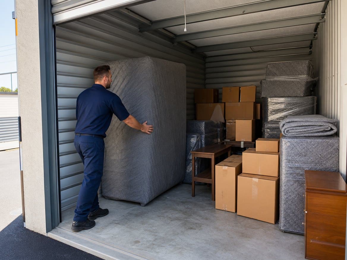 A mover sliding a blanket-wrapped mattress into a neatly packed self-storage unit