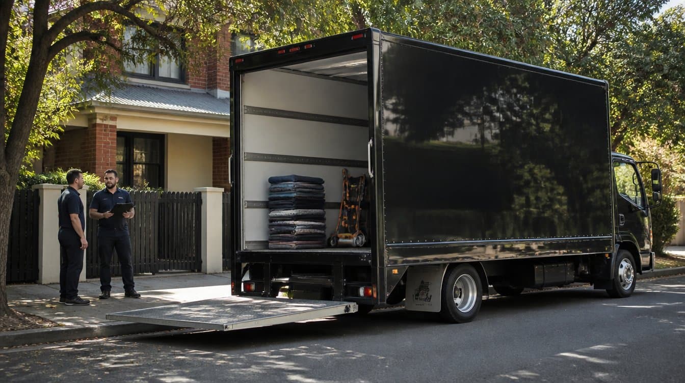 An enclosed box truck with its tailgate down and two movers alongside on a Melbourne street
